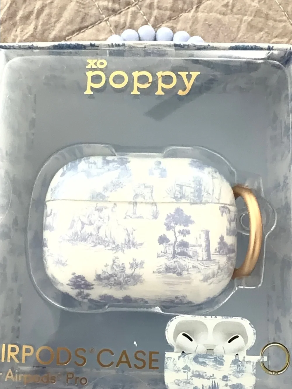 Poppy Blue Toile AirPods Pro Case with Gold Clip